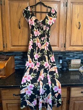 Mimi Chica Black Maxi Dress with Pink & Orange Hibiscus